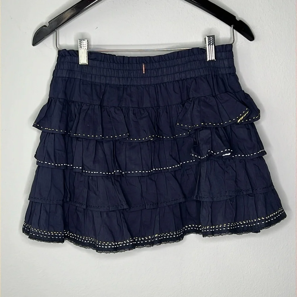 Misa Los Angeles Tiered Ruffle Embroidered Accent Mini Skirt in Navy Size XS